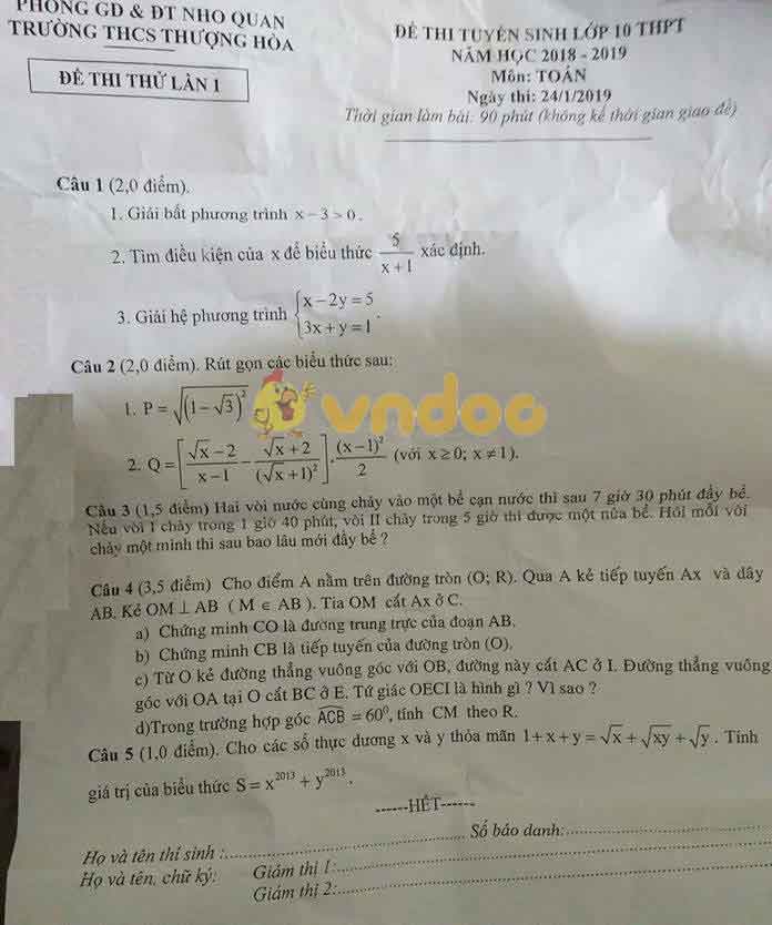 Đề thi thử vào lớp 10 môn Toán trường THCS Thượng Hòa, Nho Quan năm học 2018 - 2019