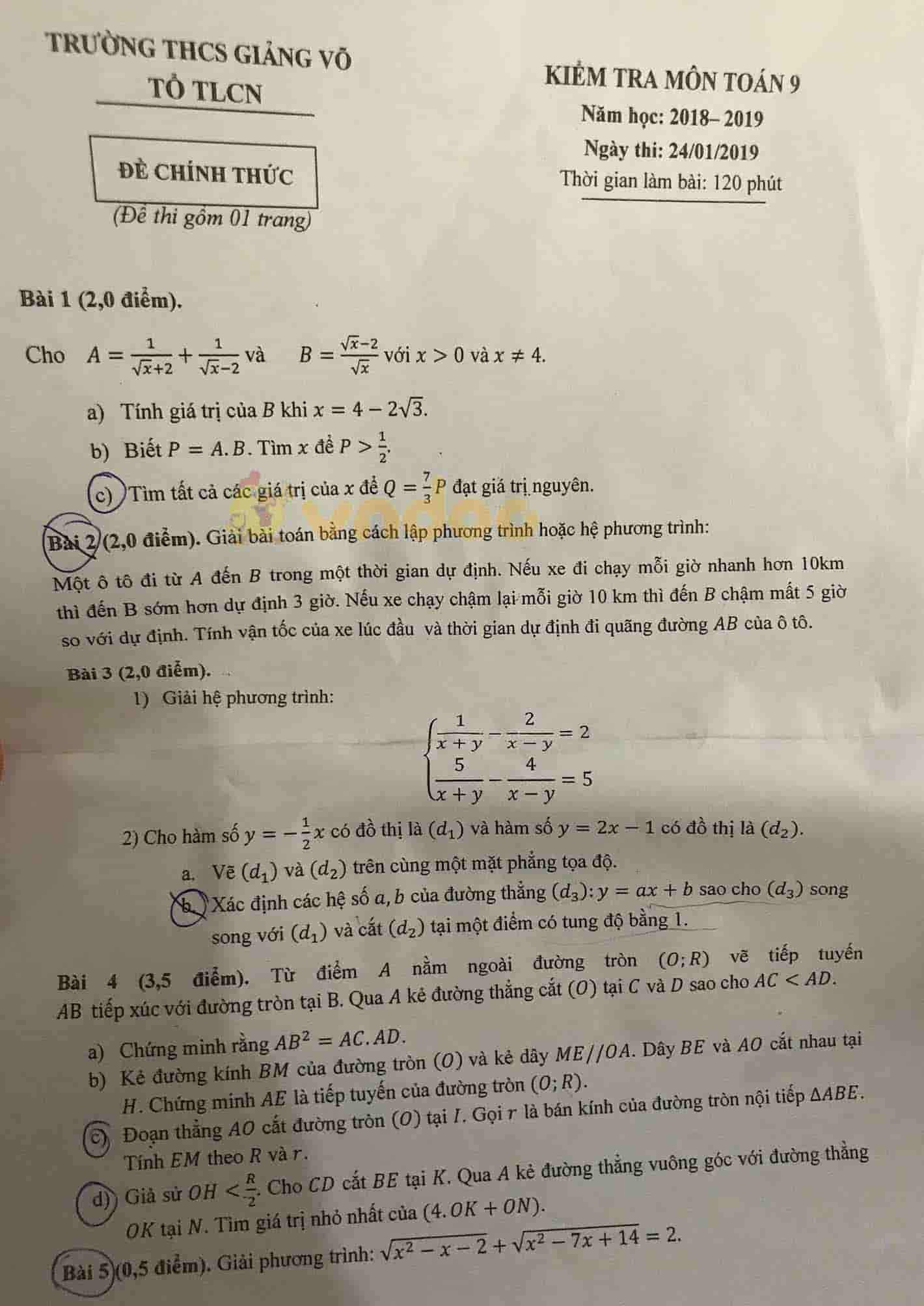 Đề kiểm môn Toán lớp 9 trường THCS Giảng Võ năm học 2018 - 2019