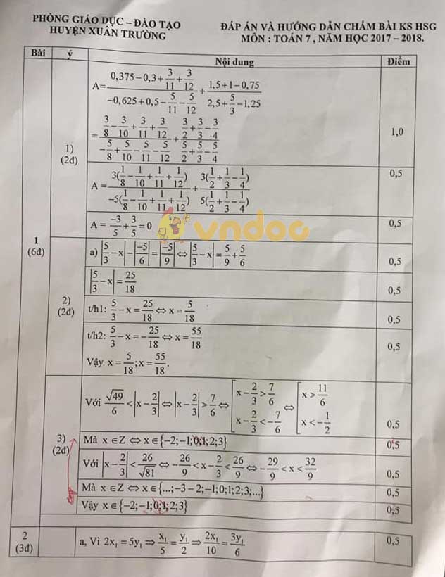 Đề thi chọn học sinh giỏi cấp lớp 7 môn Toán Phòng GD&ĐT huyện Xuân Trường năm học 2018 - 2019