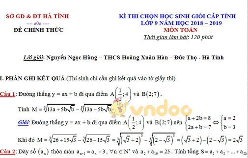 Đề thi chọn học sinh giỏi cấp tỉnh lớp 9 môn Toán Sở GD&ĐT Hà Tĩnh năm học 2018 - 2019