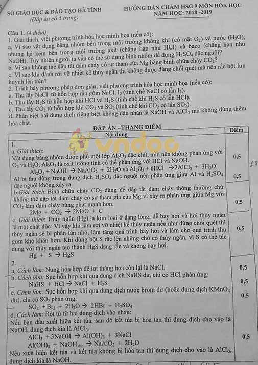 Đề thi chọn học sinh giỏi lớp 9 môn Hóa học Sở GD&ĐT Hà Tĩnh năm học 2018 - 2019