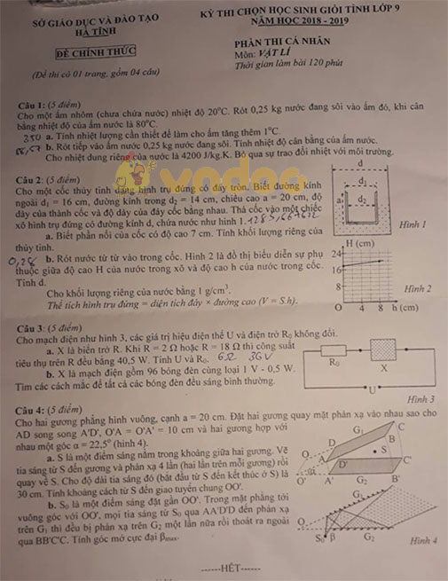 Đề thi chọn học sinh giỏi lớp 9 môn Vật lý Sở GD&ĐT Hà Tĩnh năm học 2018 - 2019