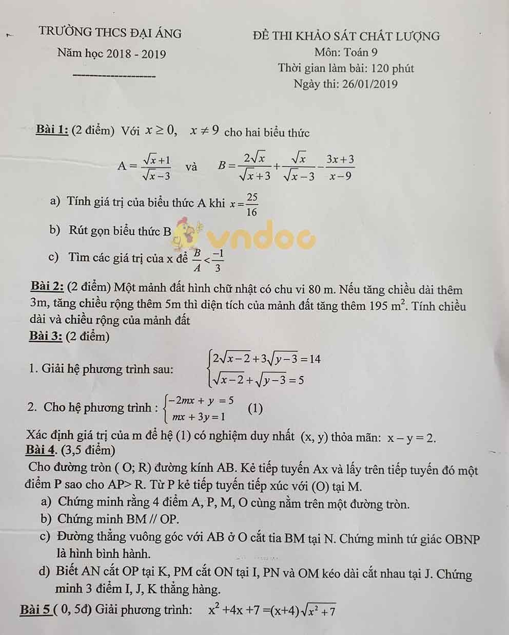 Đề thi khảo sát chất lượng học kì 2 lớp 9 môn Toán trường THCS Đại Áng năm học 2018 - 2019