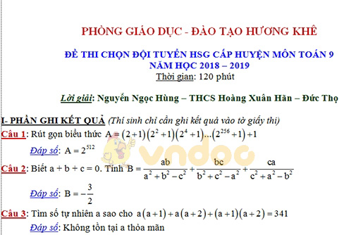 Đề thi chọn học sinh giỏi cấp huyện lớp 9 môn Toán Phòng GD&ĐT Hương Khê năm học 2018 - 2019