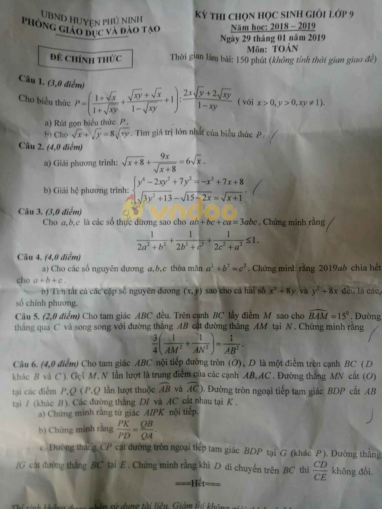 Đề thi chọn học sinh giỏi lớp 9 môn Toán Phòng GD&ĐT huyện Phú Ninh năm học 2018 - 2019