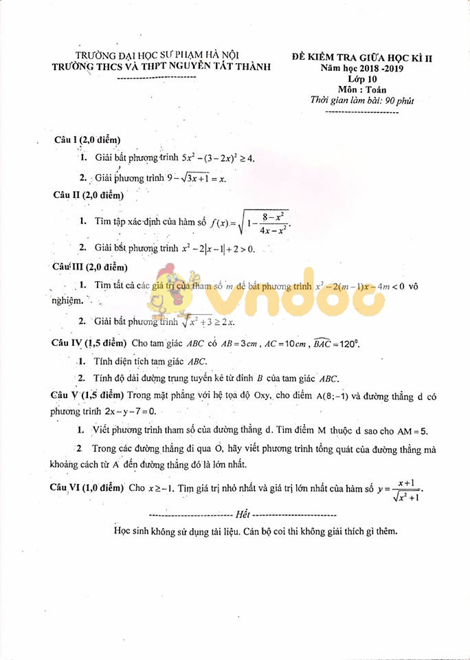 Đề thi giữa học kì 2 lớp 10 môn Toán năm 2018 - 2019