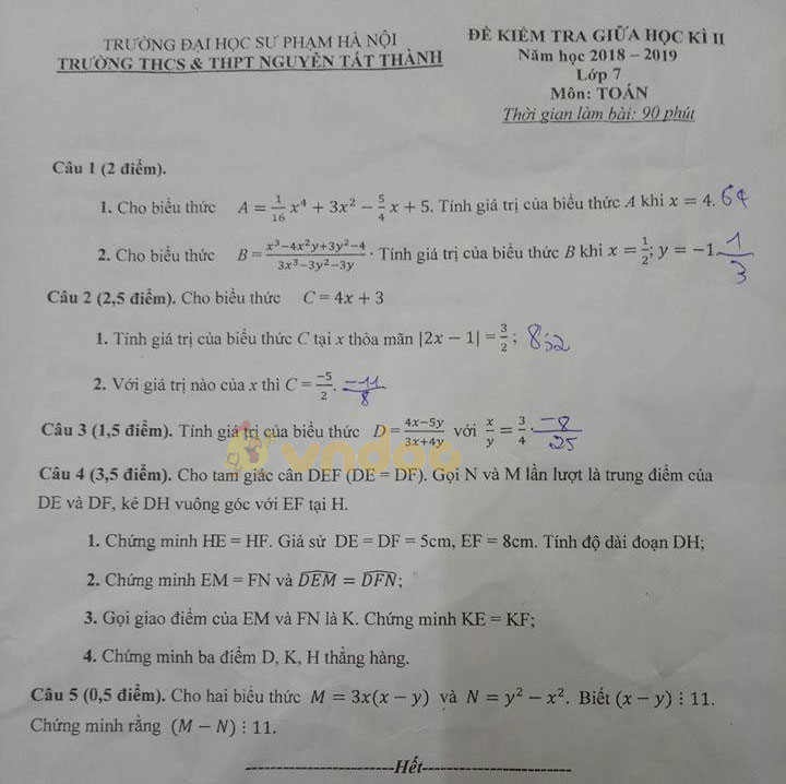 Đề thi giữa học kì 2 lớp 7 môn Toán trường THCS & THPT Nguyễn Tất Thành, Hà Nội năm học 2018 - 2019
