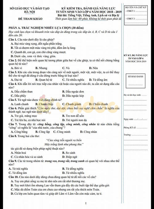 Đề thi vào lớp 6 môn Toán và Khoa học TP Hà Nội năm 2018-2019