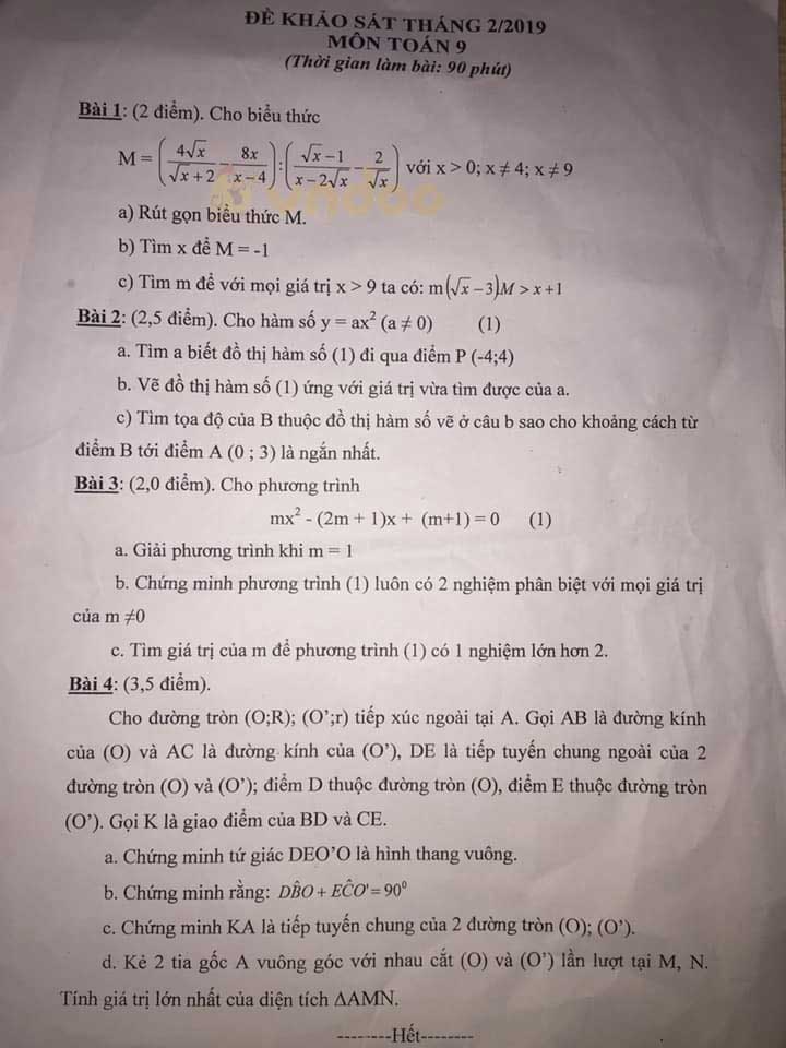 Đề kiểm tra khảo sát tháng 2 lớp 9 môn Toán năm học 2018 - 2019