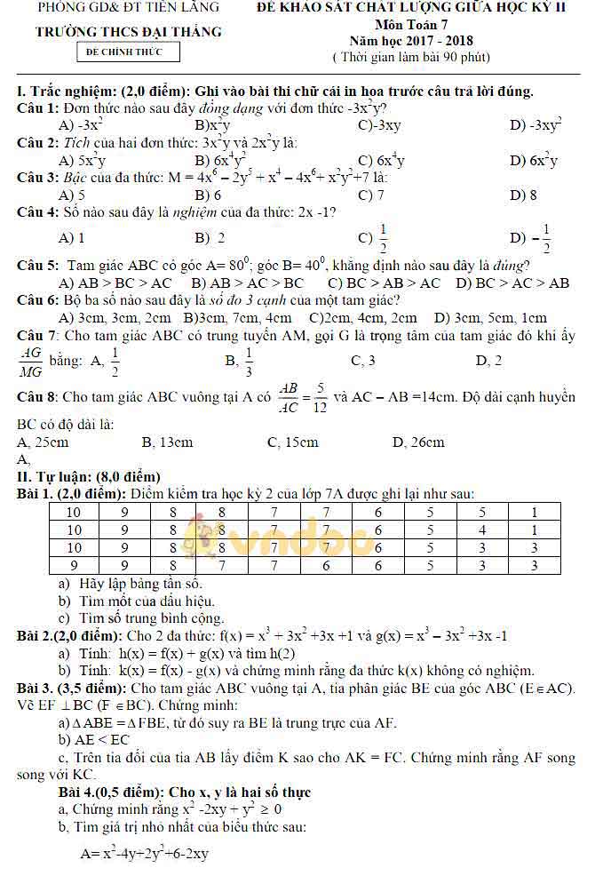 Đề thi giữa học kì 2 lớp 7 môn Toán trường THCS Đại Thắng, Tiên Lãng năm học 2017 - 2018