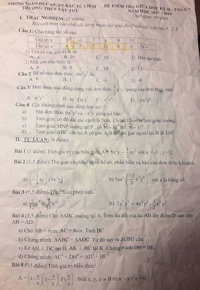 Đề thi giữa học kì 2 lớp 7 môn Toán trường THCS Tây Tựu, Bắc Từ Liêm năm học 2017 - 2018