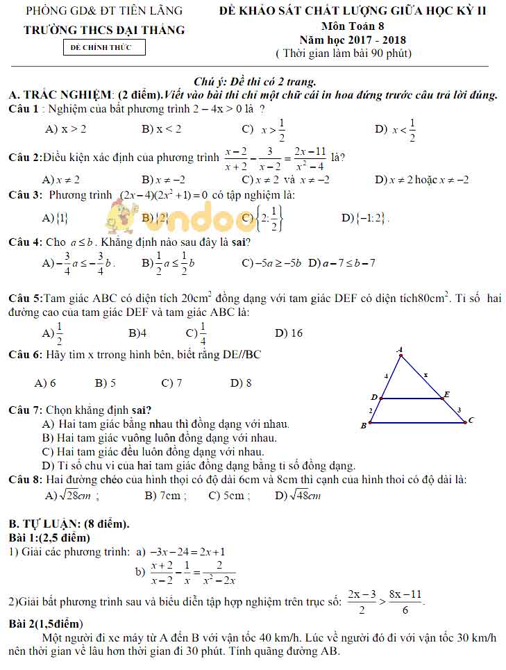 Đề thi giữa học kì 2 lớp 8 môn Toán trường THCS Đại Thắng, Yên Lãng năm học 2017 - 2018