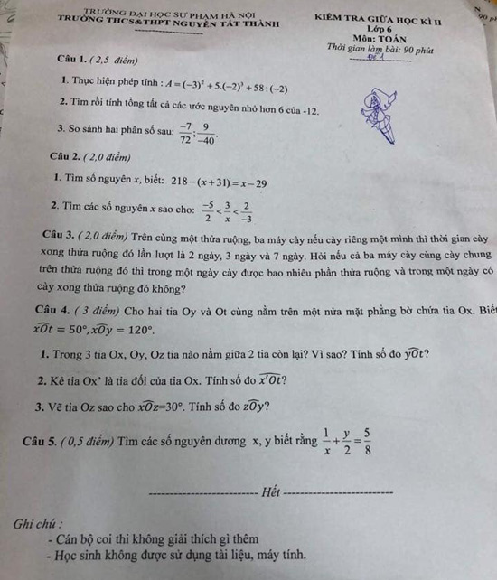 Đề thi giữa học kì 2 môn Toán lớp 6