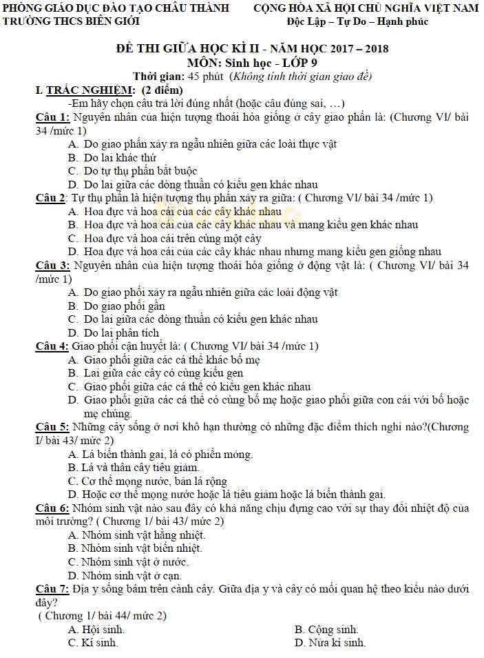 Đề thi giữa học kì 2 lớp 9 môn Sinh học Trường THCS Biên Giới, Châu Thành năm học 2017 - 2018