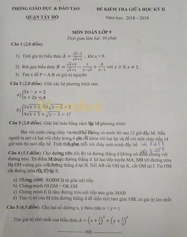 Đề thi giữa học kì 2 lớp 9 môn Toán Phòng GD&ĐT Quận Tây Hồ năm học 2018 – 2019