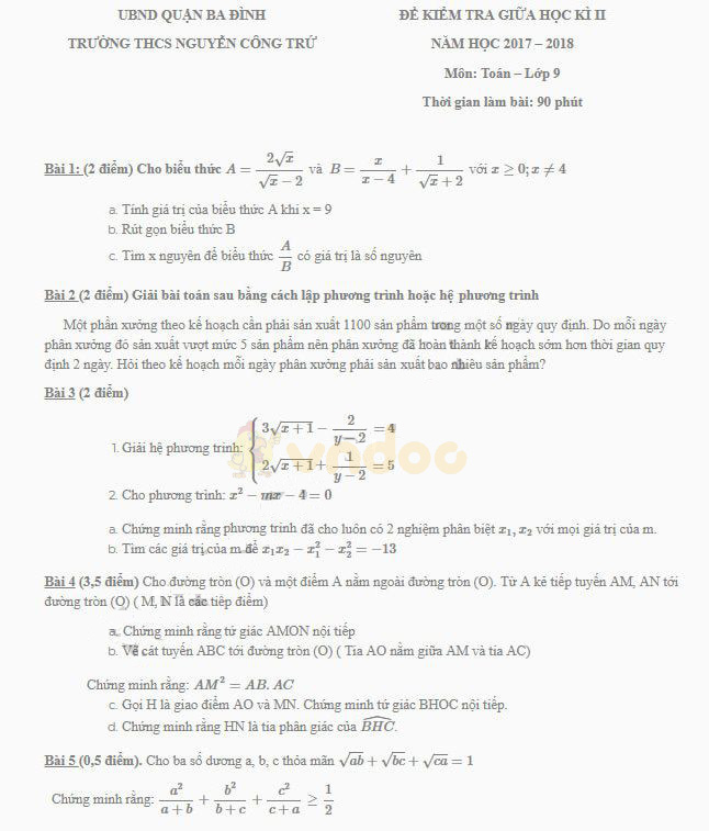 Đề thi giữa học kì 2 lớp 9 môn Toán trường THCS Nguyễn Công Trứ, Ba Đình năm học 2017 – 2018
