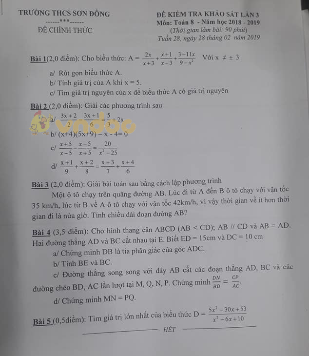 Đề thi giữa học kì 2 lớp 8 môn Toán trường THCS Sơn Đông năm học 2018 - 2019 (Lần 3)