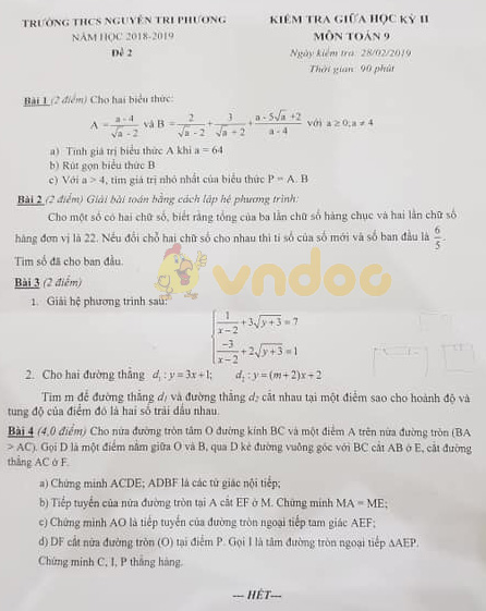 Đề thi giữa học kì 2 lớp 9 môn Toán trường THCS Nguyễn Tri Phương năm học 2018 – 2019 (đề 2)