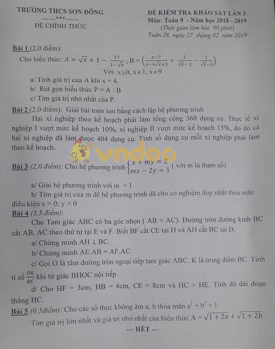 Đề thi giữa học kì 2 lớp 9 môn Toán trường THCS Sơn Đông năm học 2018 - 2019 (Lần 3)