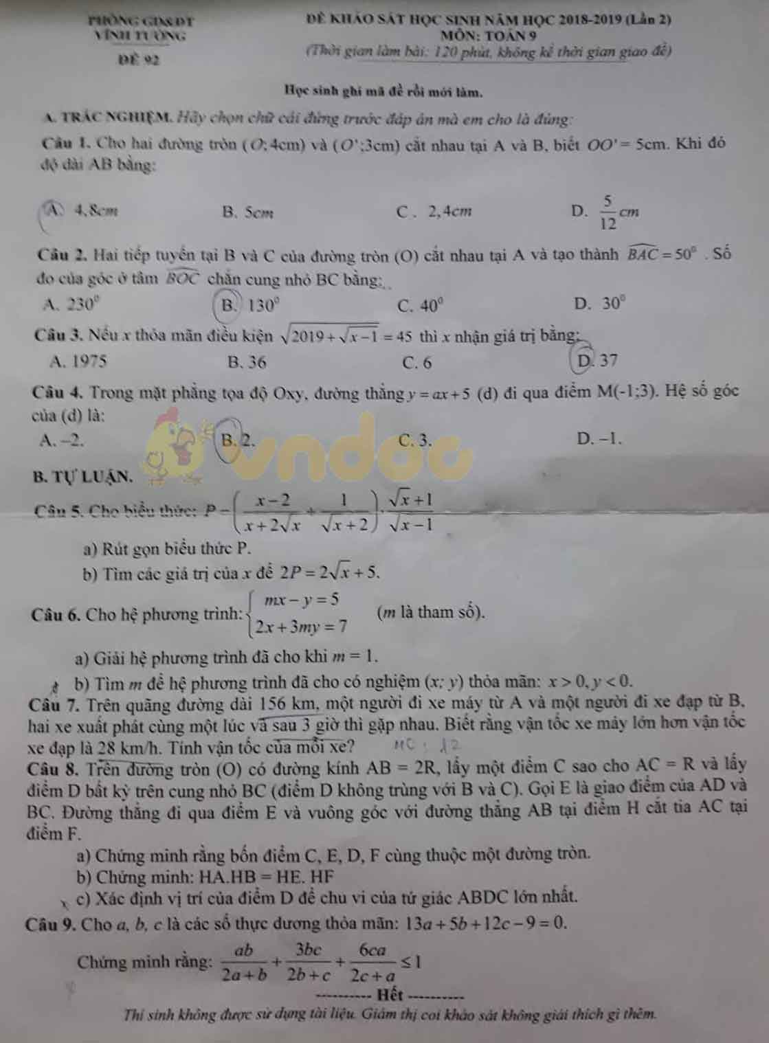 Đề thi khảo sát lớp 9 môn Toán Phòng GD&ĐT Vĩnh Tường năm học 2018 - 2019 (lần 2)