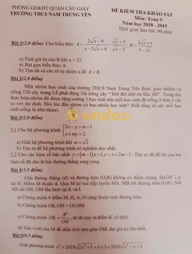 Đề kiểm tra khảo sát lớp 9 môn Toán trường THCS Nam Trung Yên, quận Cầu Giấy năm học 2018 - 2019