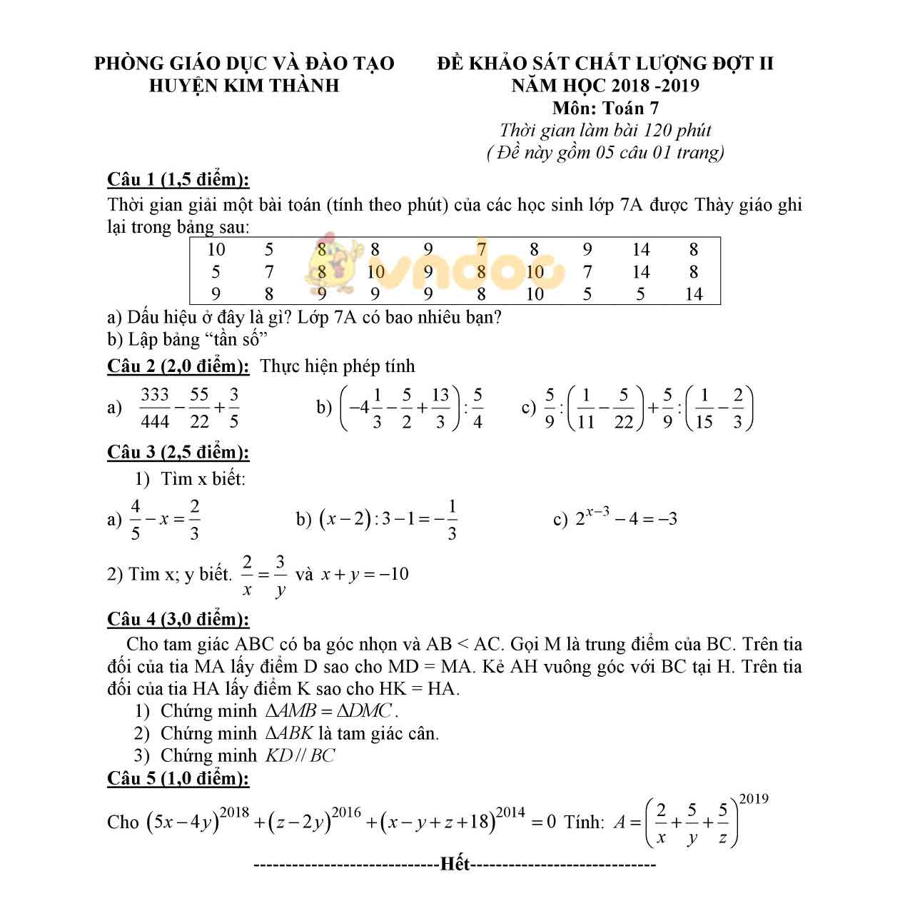 Đề KSCL lớp 7 môn Toán Phòng GD&ĐT huyện Kinh Thành năm học 2018 - 2019