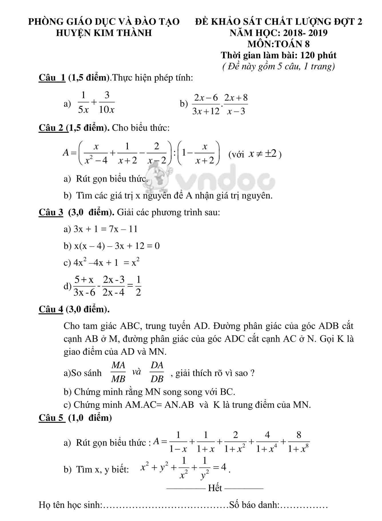 Đề KSCL lớp 8 môn Toán Phòng GD&ĐT huyện Kim Thành năm học 2018 - 2019 (Đợt 2)