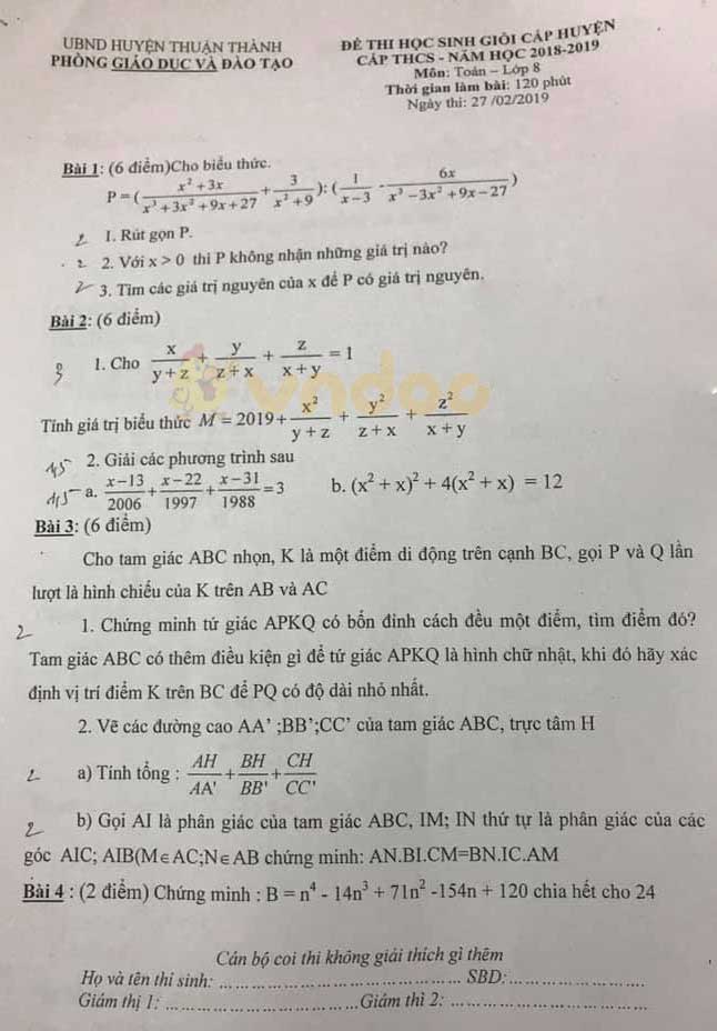 Đề thi chọn học sinh giỏi cấp huyện lớp 9 môn Toán Phòng GD&ĐT huyện Thuận Thành năm học 2018 - 2019