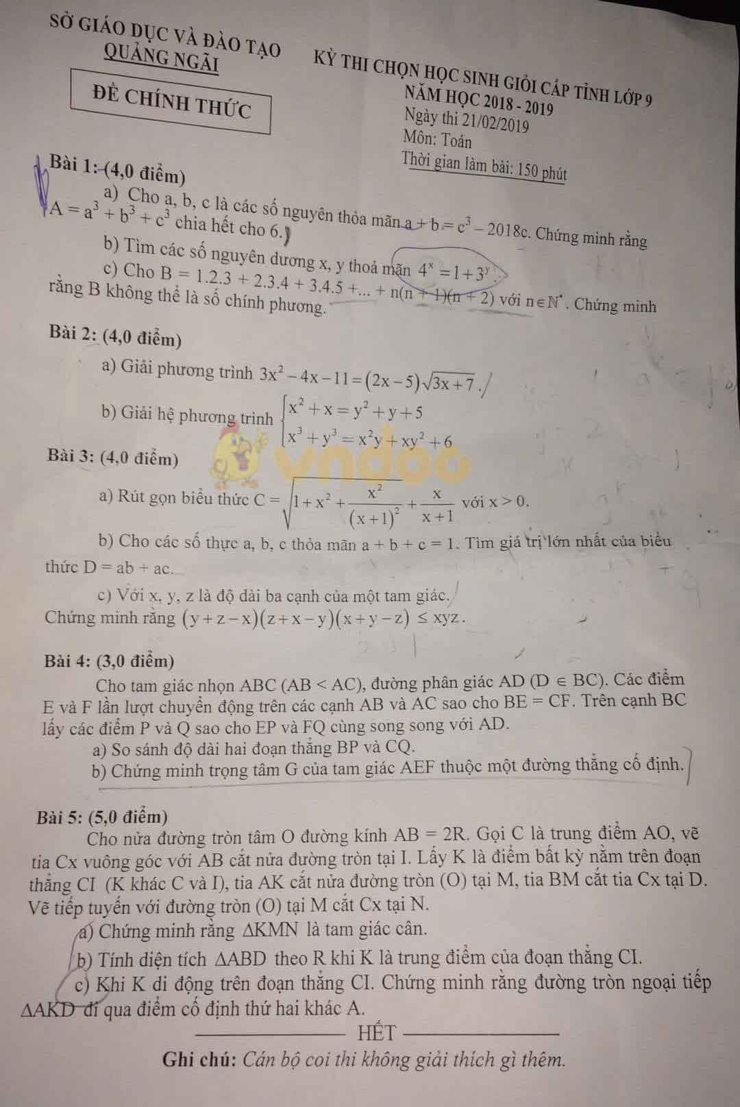Đề thi chọn học sinh giỏi cấp tỉnh lớp 9 môn Toán Sở GD&ĐT Quảng Ngãi năm học 2018 - 2019