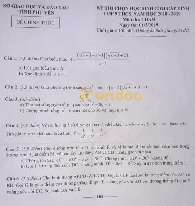 Đề thi chọn học sinh giỏi cấp tỉnh lớp 9 môn Toán Sở GD&ĐT tỉnh Phú Yên năm học 2018 - 2019