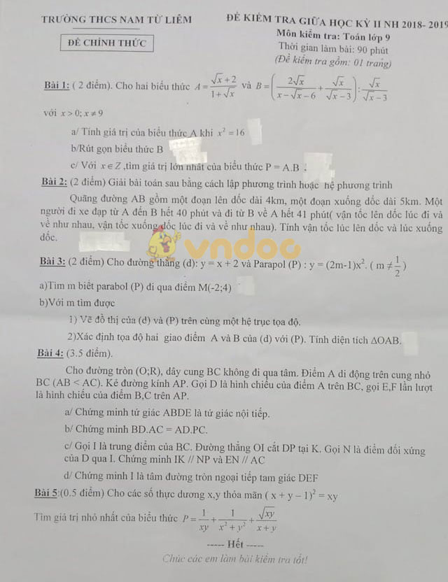Đề thi giữa học kì 2 lớp 9 môn Toán trường THCS Nam Từ Liêm năm học 2018 - 2019