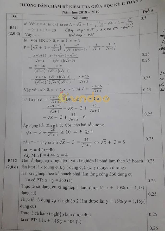 Đề thi giữa học kì 2 lớp 9 môn Toán trường THCS Sơn Đông năm học 2018 - 2019 (Lần 3)