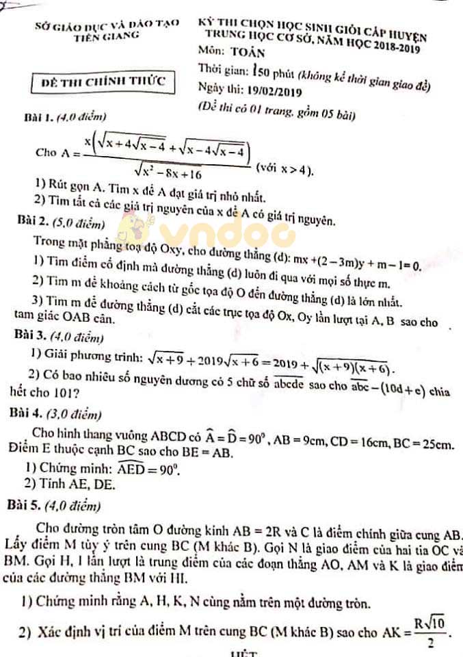 Đề thi chọn học sinh giỏi cấp huyện lớp 9 môn Toán Sở GD&ĐT Tiền Giang năm học 2018 - 2019