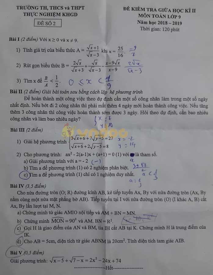 Đề thi giữa học kì 2 lớp 9 môn Toán trường TH, THCS và THPT Thực Nghiệm KHGD năm học 2018 - 2019