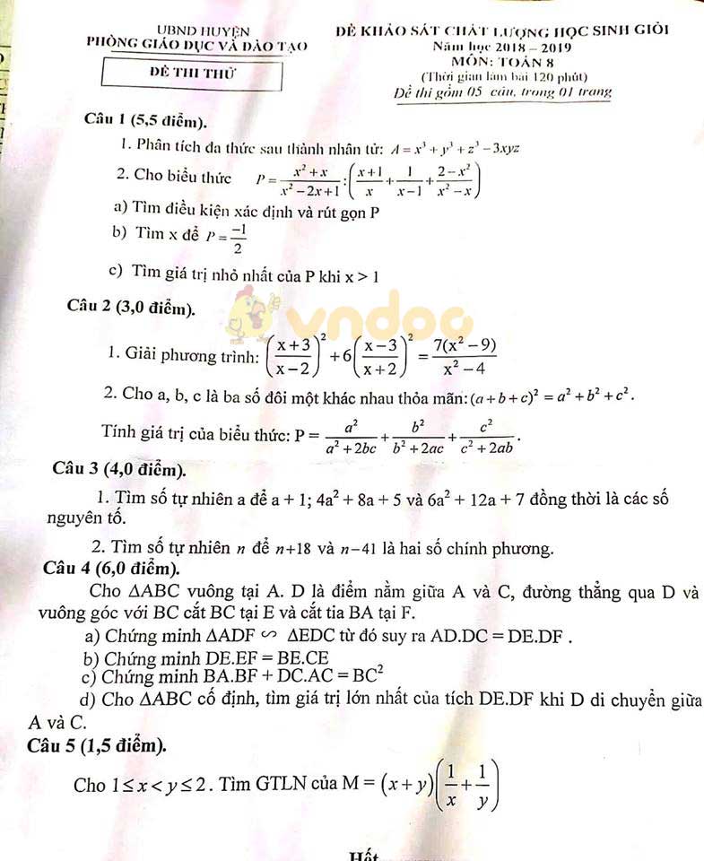 Đề khảo sát chất lượng học sinh giỏi lớp 8 môn Toán năm học 2018 - 2019