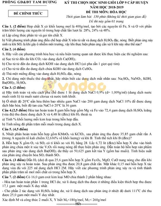 Đề thi chọn học sinh giỏi cấp huyện lớp 9 môn Hóa học Phòng GD&ĐT Tam Dương năm học 2018 - 2019