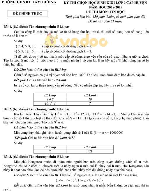 Đề thi chọn học sinh giỏi cấp huyện lớp 9 môn Tin học Phòng GD&ĐT Tam Dương năm học 2018 - 2019