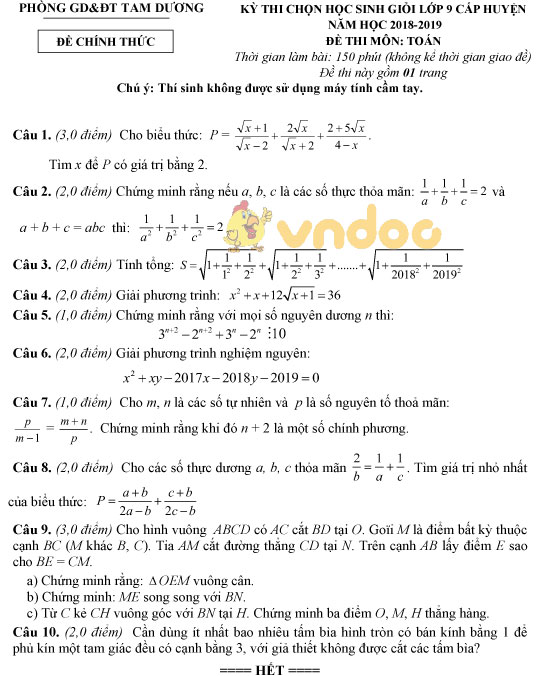 Đề thi chọn học sinh giỏi cấp huyện lớp 9 môn Toán Phòng GD&ĐT Tam Dương năm học 2018 - 2019
