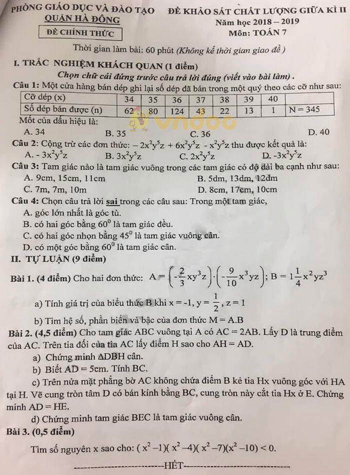 Đề KSCL thi chọn học sinh giỏi lớp 7 môn Toán Phòng GD&ĐT quận Hà Đông năm học 2018 - 2019