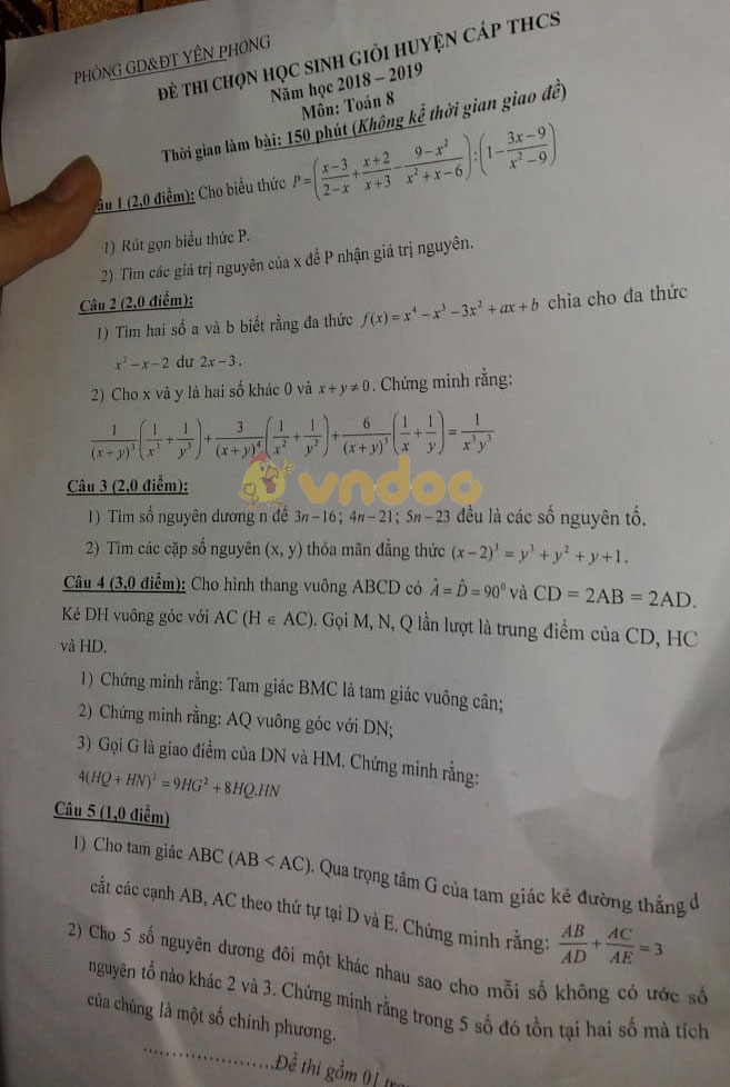 Đề thi chọn học sinh giỏi lớp 8 môn Toán Phòng GD&ĐT Yên Phong năm học 2018 - 2019