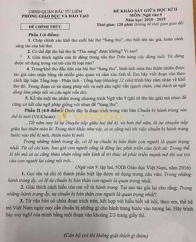 Đề thi giữa học kì 2 lớp 9 môn Ngữ văn Phòng GD&ĐT Bắc Từ Liêm năm học 2018 - 2019