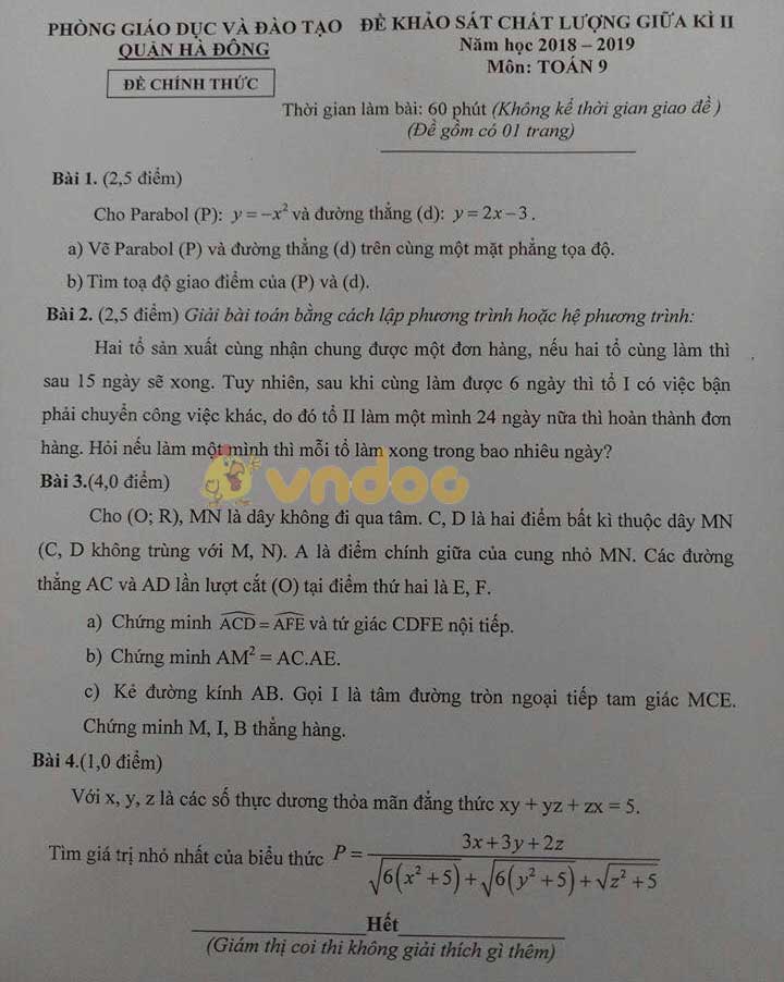 Đề thi KSCL giữa học kì 2 lớp 9 môn Toán Phòng GD&ĐT quận Hà Đông năm học 2018 – 2019
