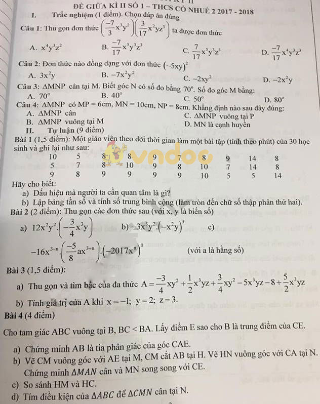 Đề thi giữa học kì 2 lớp 7 môn Toán trường THCS Cổ Nhuế 2 năm học 2017 - 2018