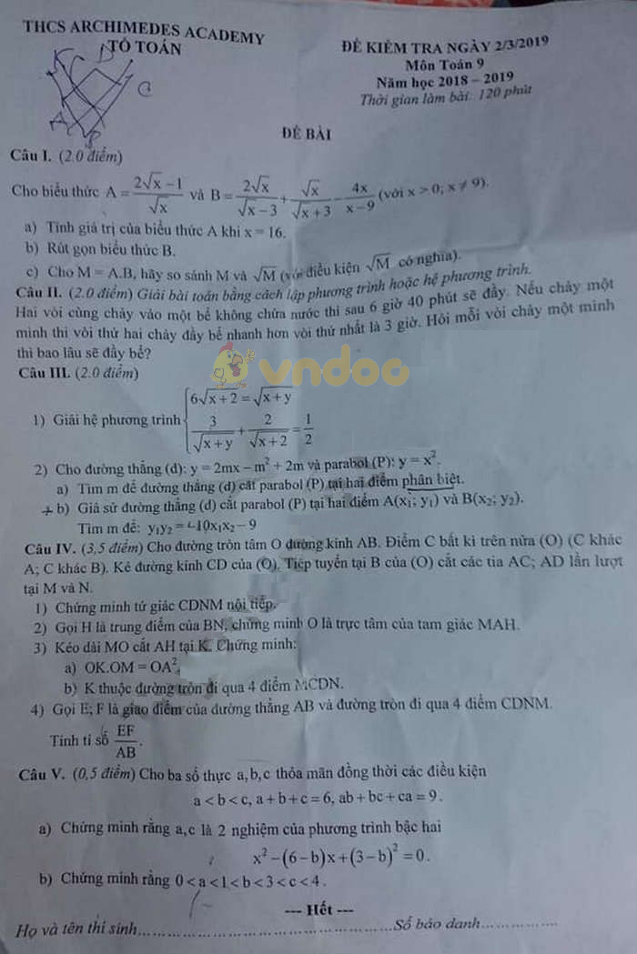 Đề thi giữa học kì 2 lớp 9 môn Toán trường THCS ARCHIMEDES ACADEMY năm học 2018 - 2019