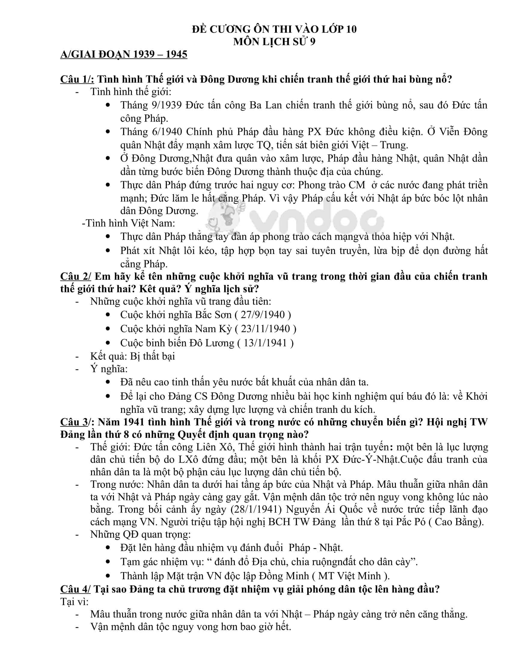 Đề cương ôn thi vào lớp 10 môn Lịch sử lớp 9