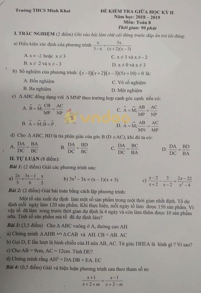 Đề thi giữa học kì 2 lớp 8 môn Toán trường THCS Minh Khai năm học 2018 - 2019