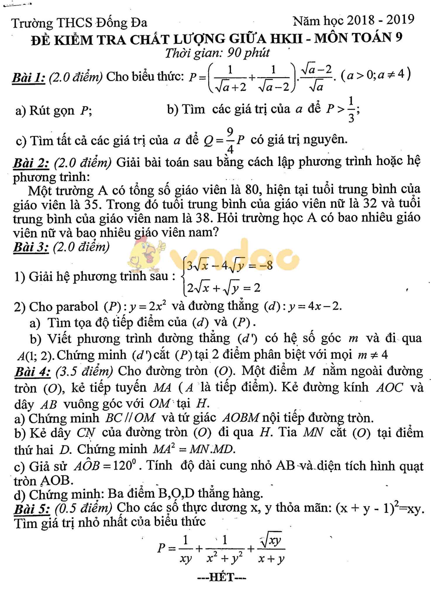 Đề thi giữa học kì 2 lớp 9 môn Toán trường THCS Đống Đa năm học 2018 - 2019