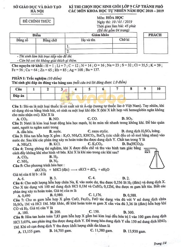 Đề thi chọn học sinh giỏi cấp thành phố lớp 9 các môn Khoa học tự nhiên Sở GD&ĐT Hà Nội năm học 2018 - 2019