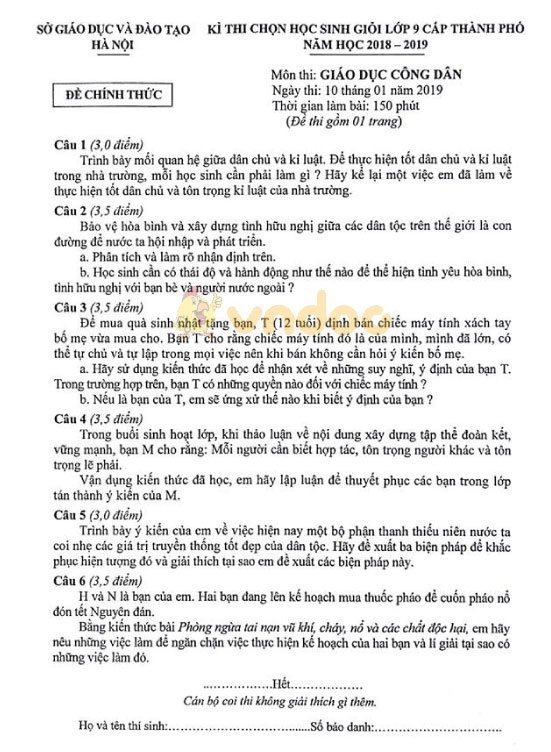 Đề thi chọn học sinh giỏi cấp thành phố lớp 9 môn GDCD Sở GD&ĐT Hà Nội năm học 2018 - 2019
