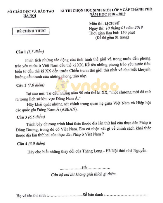 Đề thi chọn học sinh giỏi cấp thành phố lớp 9 môn Lịch sử Sở GD&ĐT Hà Nội năm học 2018 - 2019